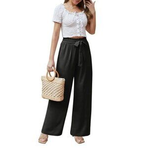 Womens Black Wide-Leg Elastic Waist Pants W/ Tie Belt XXL Linen Blend